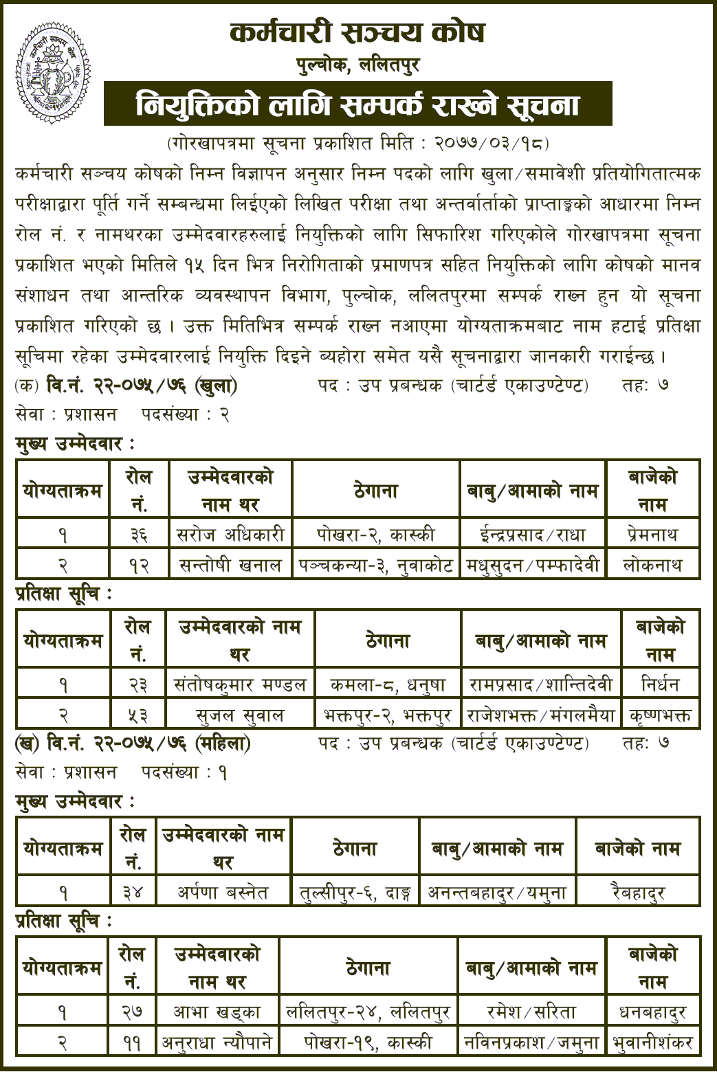 Employees Provident Fund Notice for Final Result and Appointment