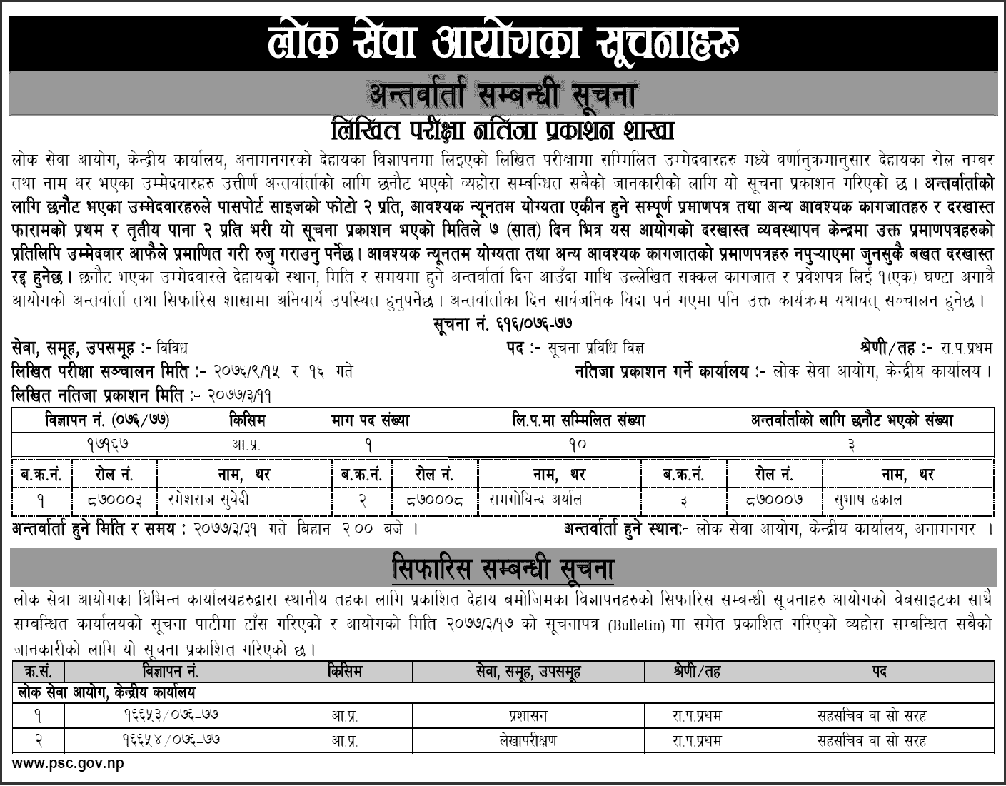 Lok Sewa Aayog Weekly Notice 2077 Ashad 17