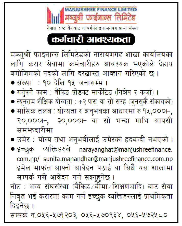 Manjushree Finance Limited Vacancy for Staffs