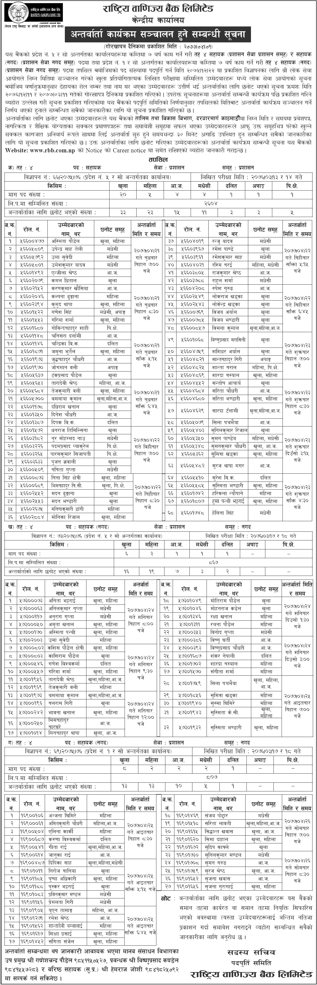 Rastriya Banijya Bank Limited Interview Notice for the Post of Assistant - Pradesh 5 and 1