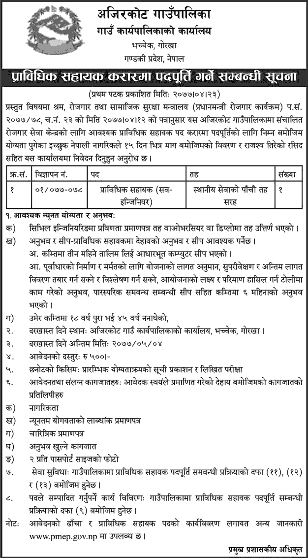 Ajirkot Rural Municipality Vacancy for Technical Assistant
