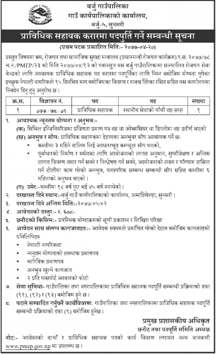 Barju Rural Municipality Vacancy for Technical Assistant