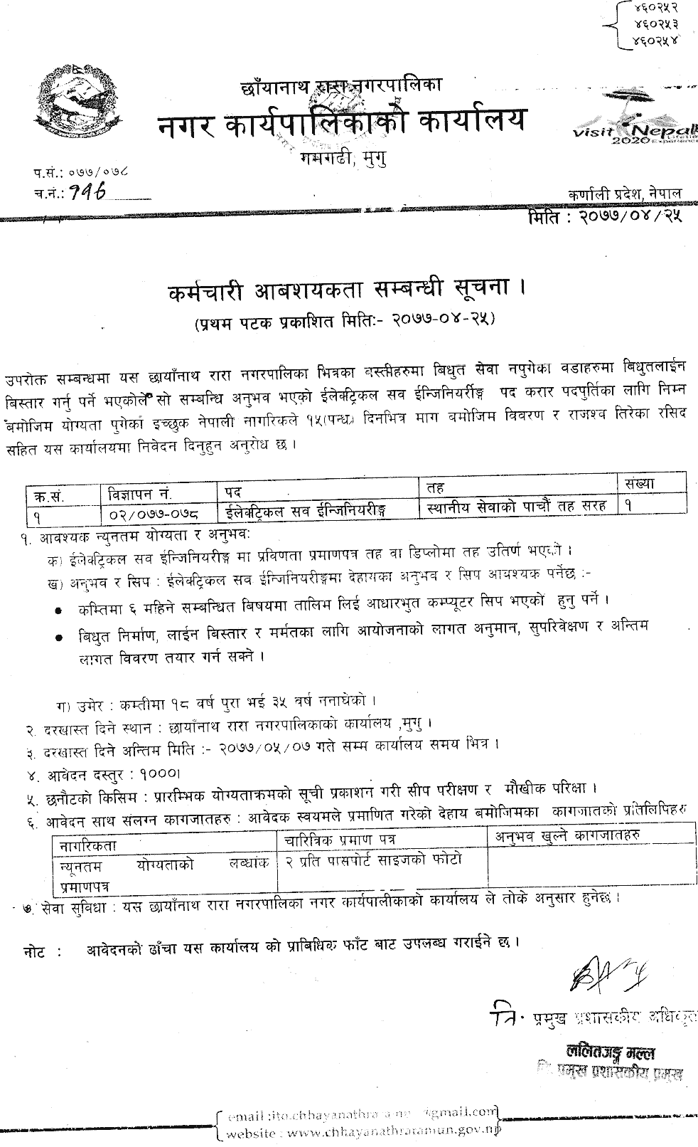 Chhayanath Rara Municipality Vacancy for Electrical Sub Engineer