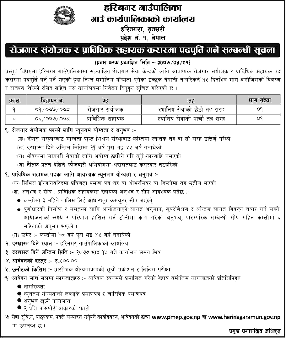 Harinagar Rural Municipality Vacancy for Employment Coordinator and Technical Assistant