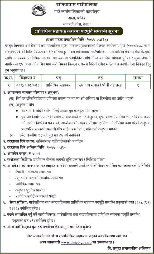 Khaniyabas Rural Municipality Vacancy for Technical Assistant