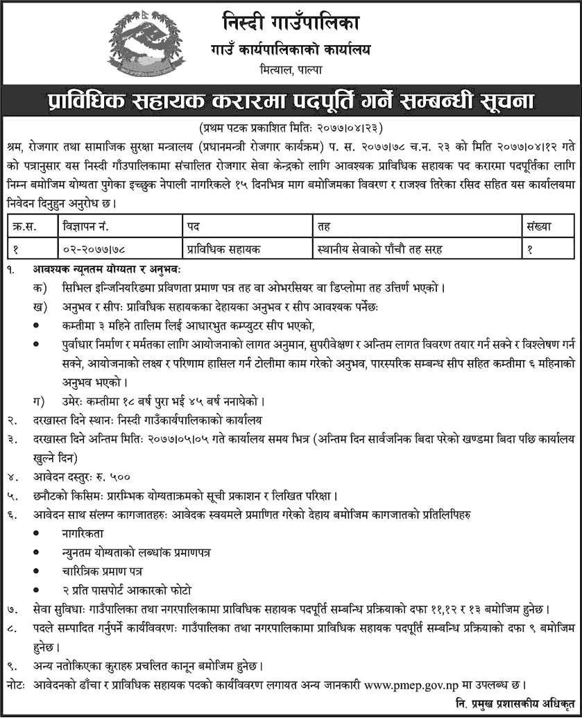Nisdi Rural Municipality Vacancy for Technical Assistant
