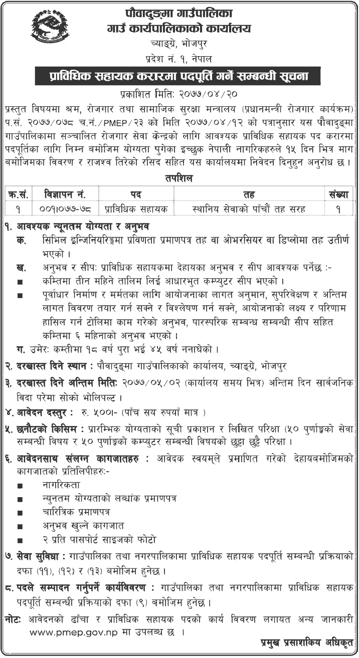 Pauwadungma Rural Municipality Vacancy for Technical Assistant