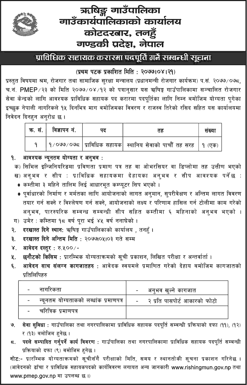 Rishing Rural Municipality Vacancy for Technical Assistant