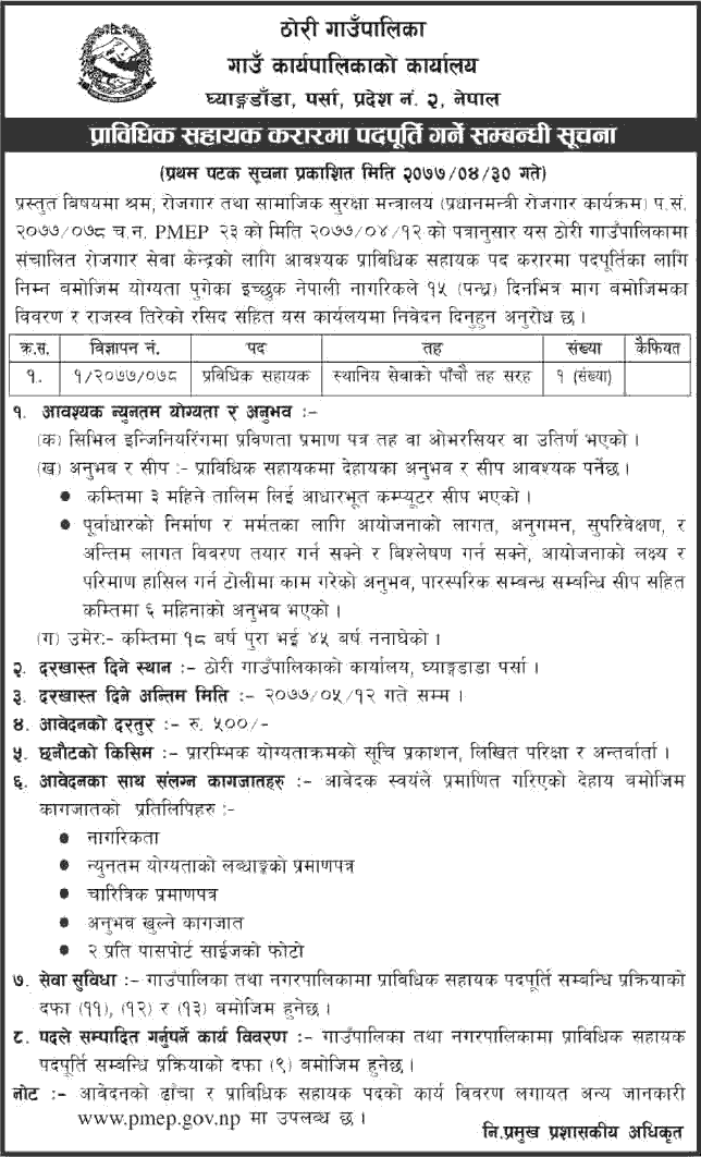 Thori Rural Municipality Parsa Vacancy for Technical Assistant
