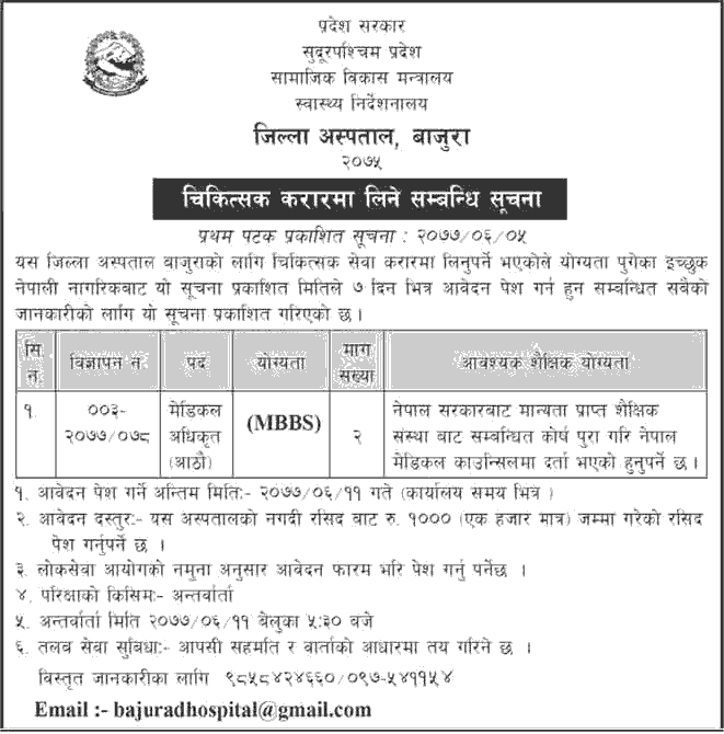 District Hospital Bajura Vacancy for Medical Officer
