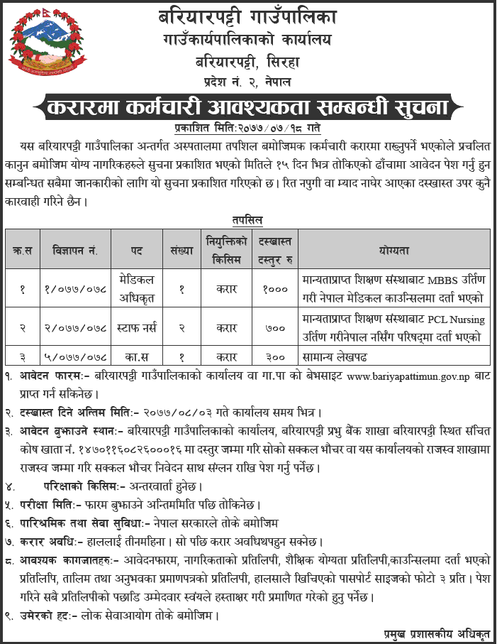 Bariyarpatti Rural Municipality Vacancy for Medical Officer, Staff Nurse and Office Helper