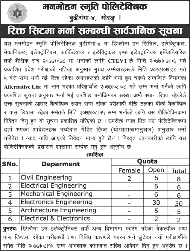 Diploma in Engineering Admission Open at Manmohan Memorial Polytechnic