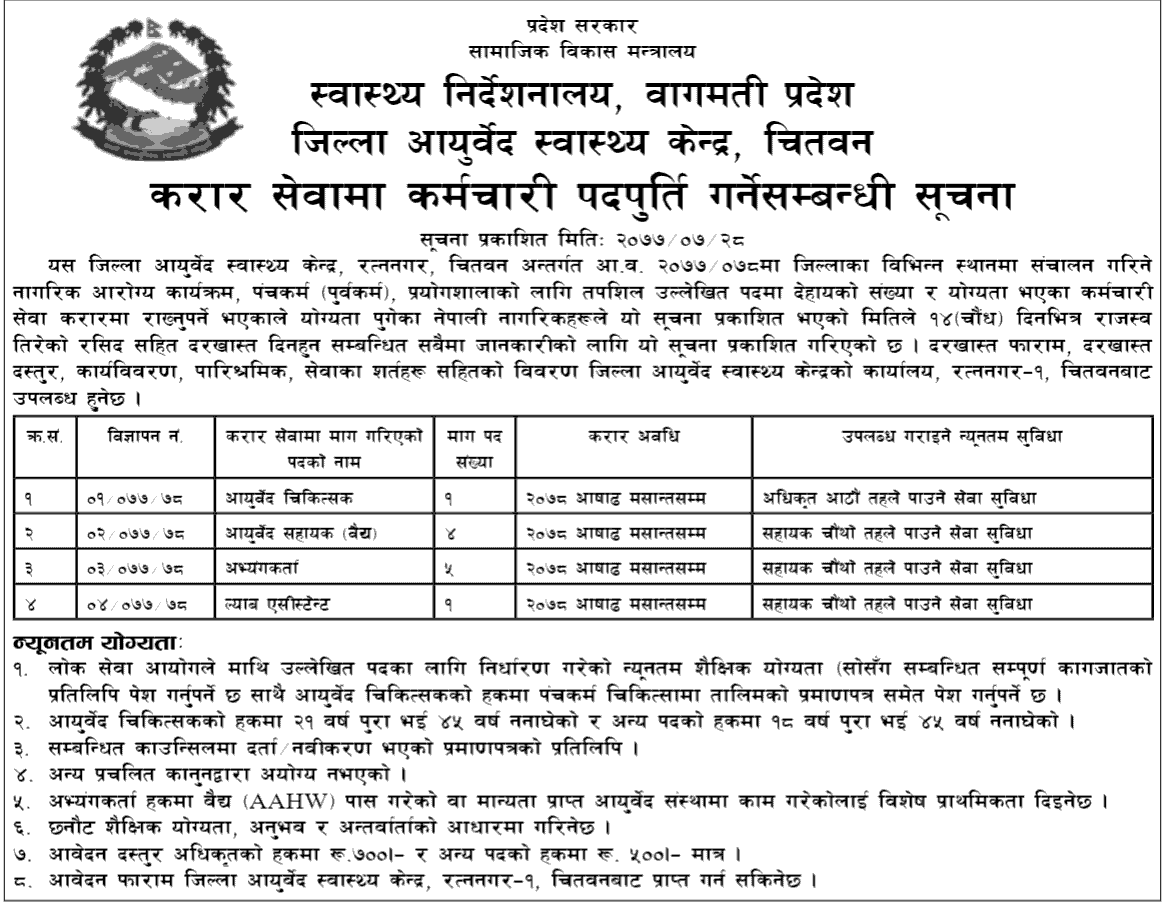 District Ayurveda Health Center, Chitwan Vacancy for Various Positions