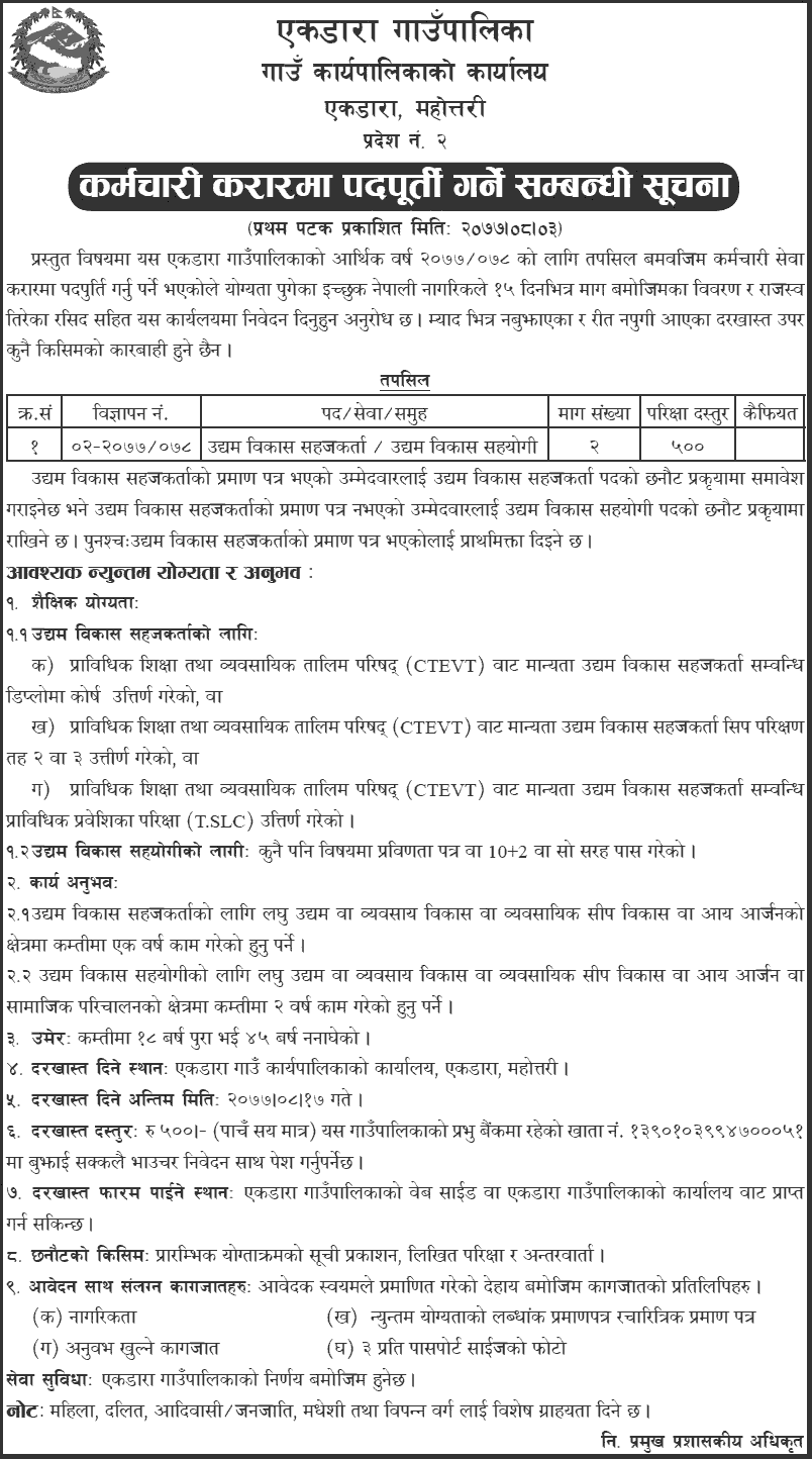 Ekdara Rural Municipality Vacancy for EDF and EDA