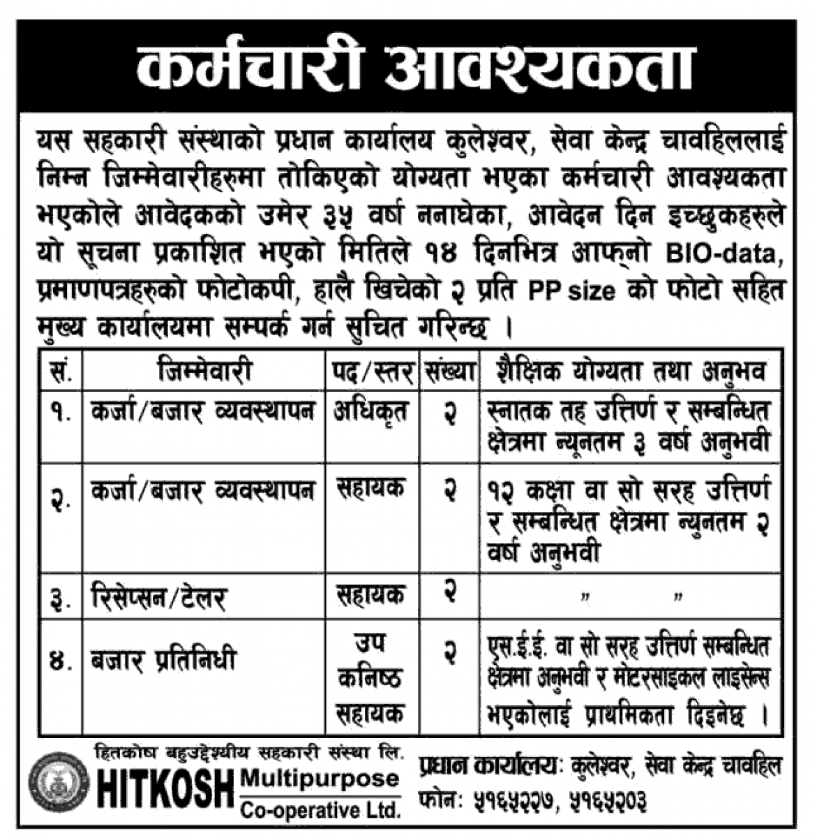 Hitkosh Multipurpose Cooperative Limited Vacancy for Various Positions