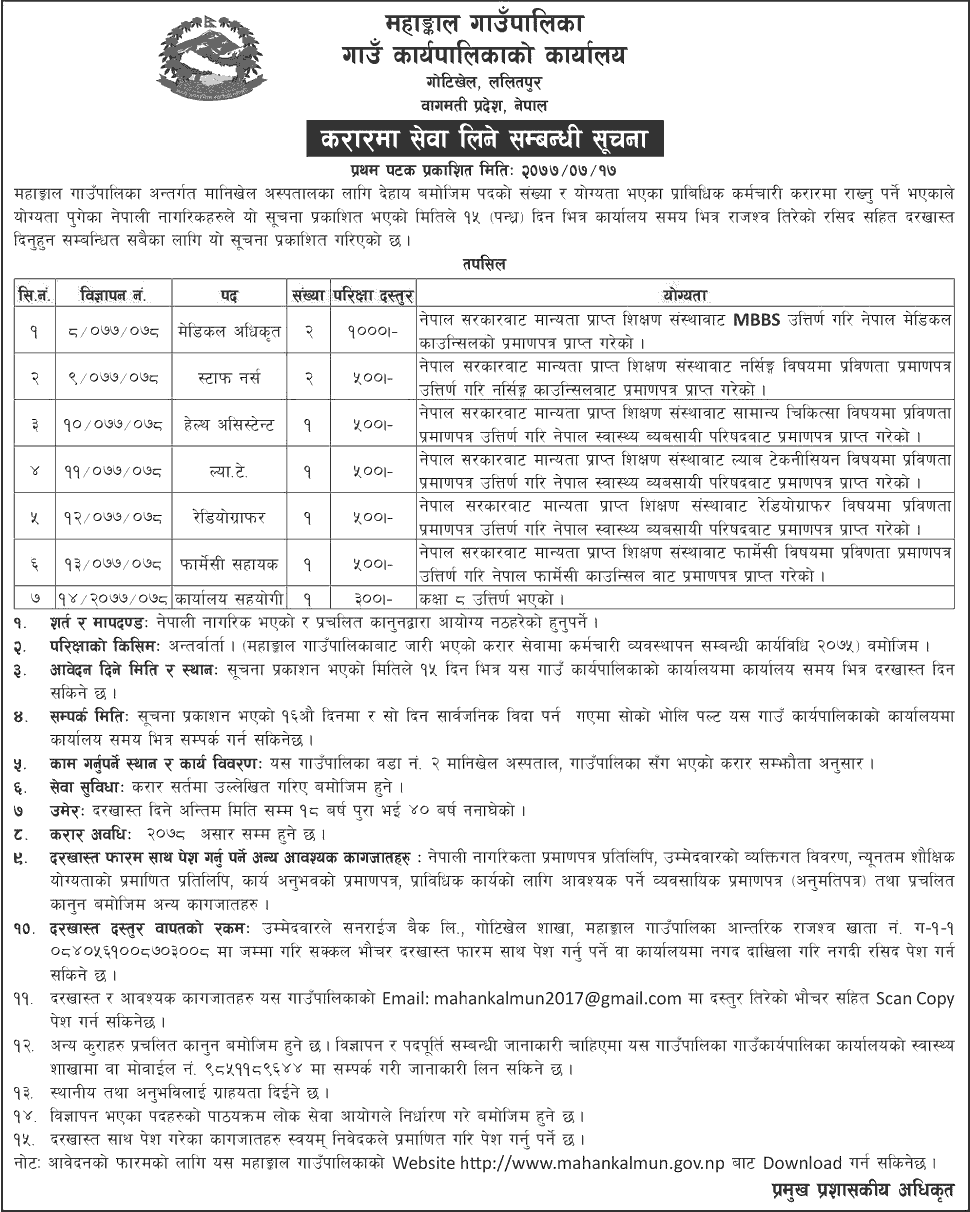 Mahankal Rural Municipality Vacancy for Health Services