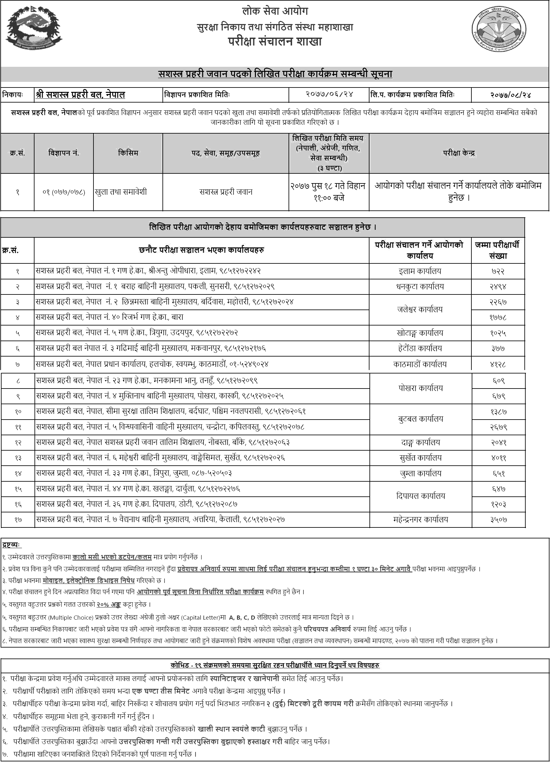 APF Nepal Jawan Post Written Exam Schedule - 2077