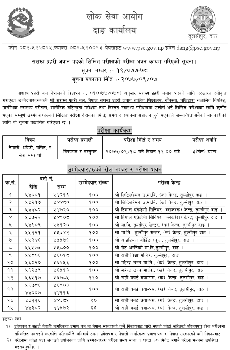 APF Nepal Jawan Written Exam Center Dang