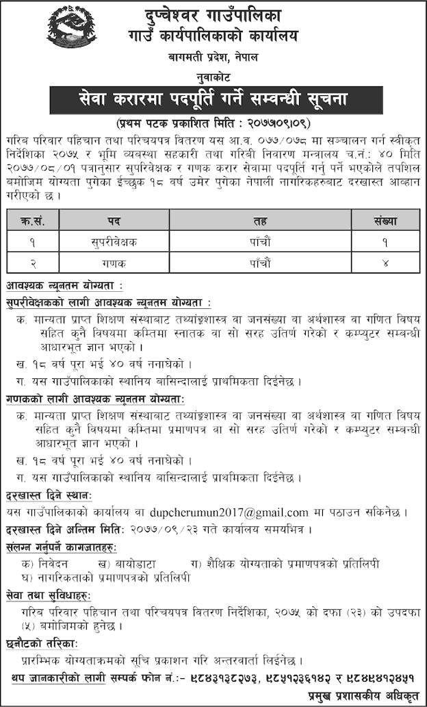 Dupcheshwor Rural Municipality Vacancy for Supervisor and Enumerator