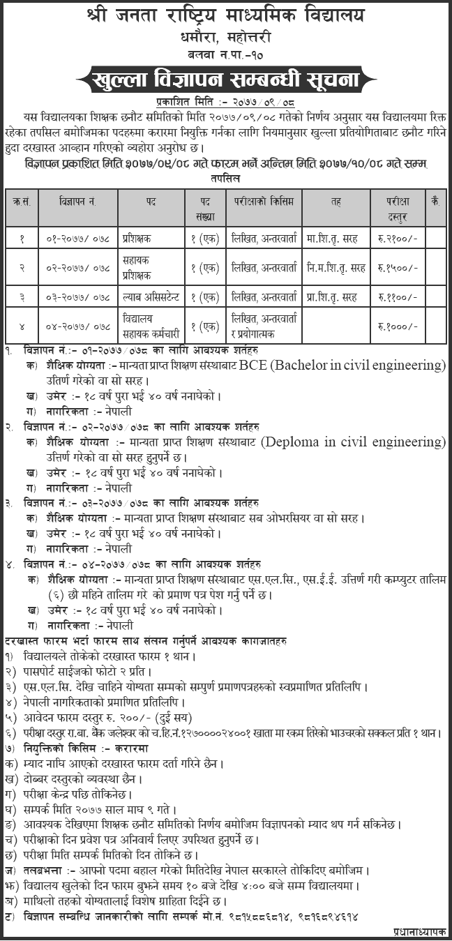 Janata Rastriya Secondary School Mahottari Vacancy Announcement