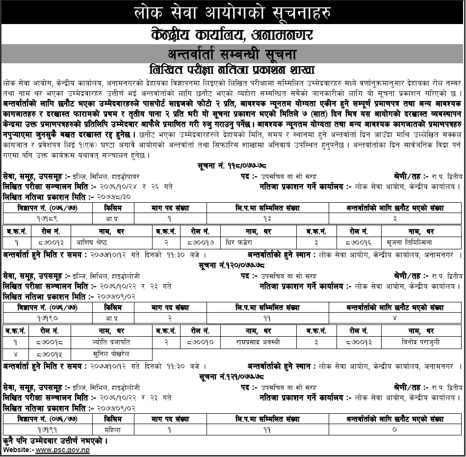 Lok Sewa Aayog Weekly Notice 2077 Poush 8