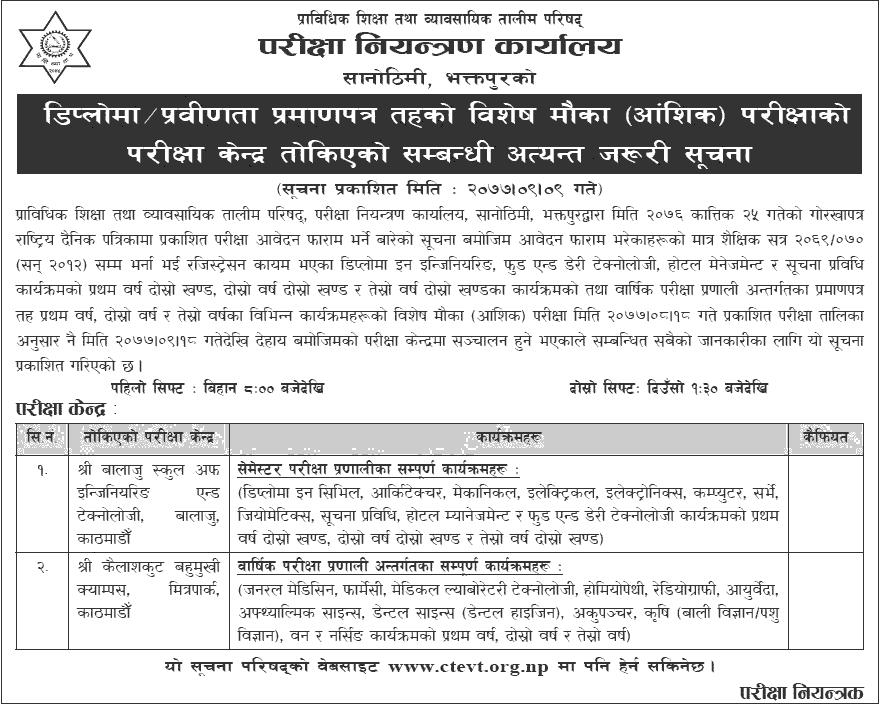 PCL Diploma Level Special Chance Exam Center - CTEVT