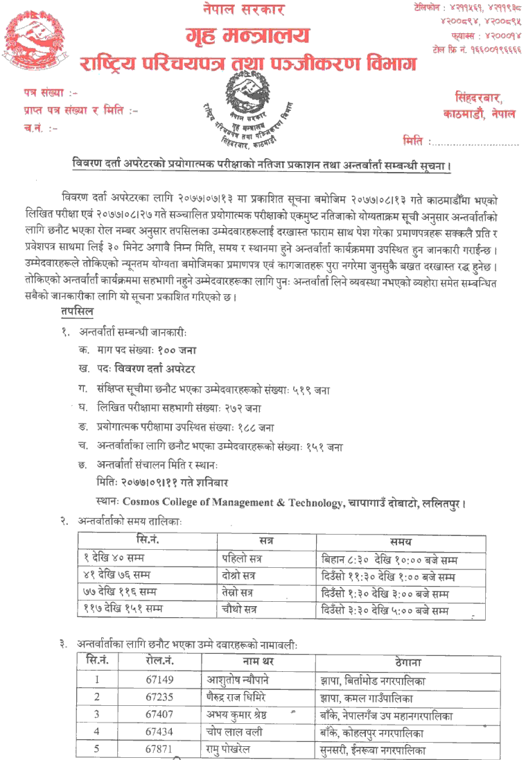 Rastriya Parichayapatra and Panjikaran Bibhag Data Entry Operator Practical Exam Result and Interview Schedule