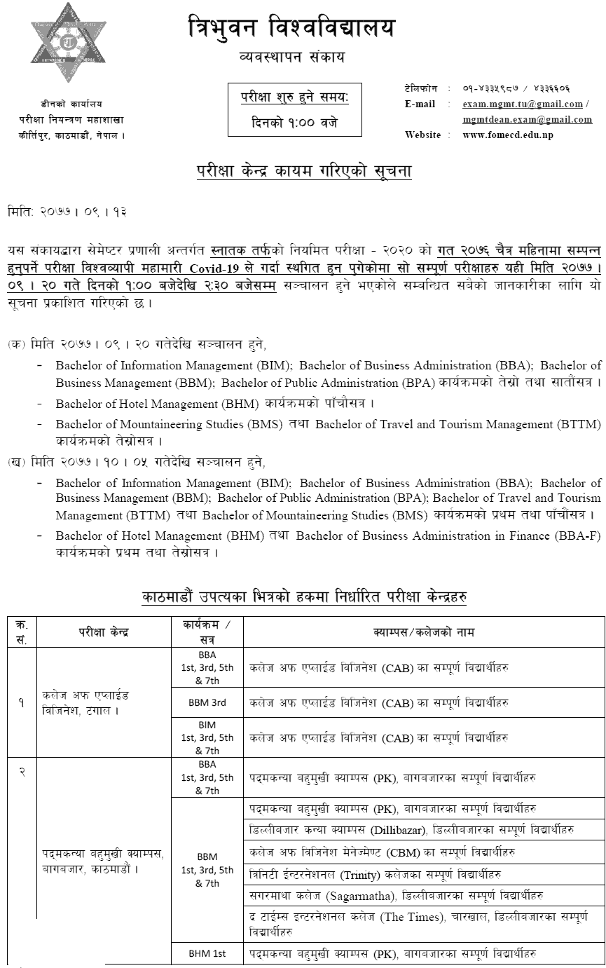 BBA, BIM, BBM, BPA, BHM, BMS and BTTM Exam Center - TU Faculty of Management