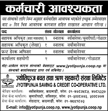 Jyotipunj Saving and Credit Cooperative Vacancy for Various Positions