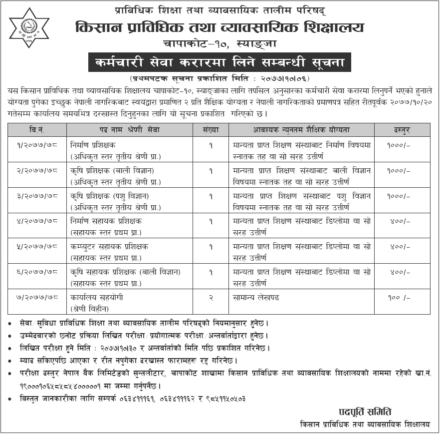 Kishan Technical And Vocational School Vacancy for Instructor and Assistant Instructor