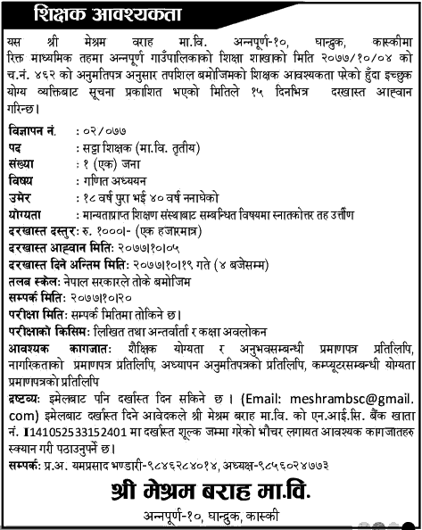 Meshram Barah Secondary School Ghandurk Vacancy for Secondary Level Teacher