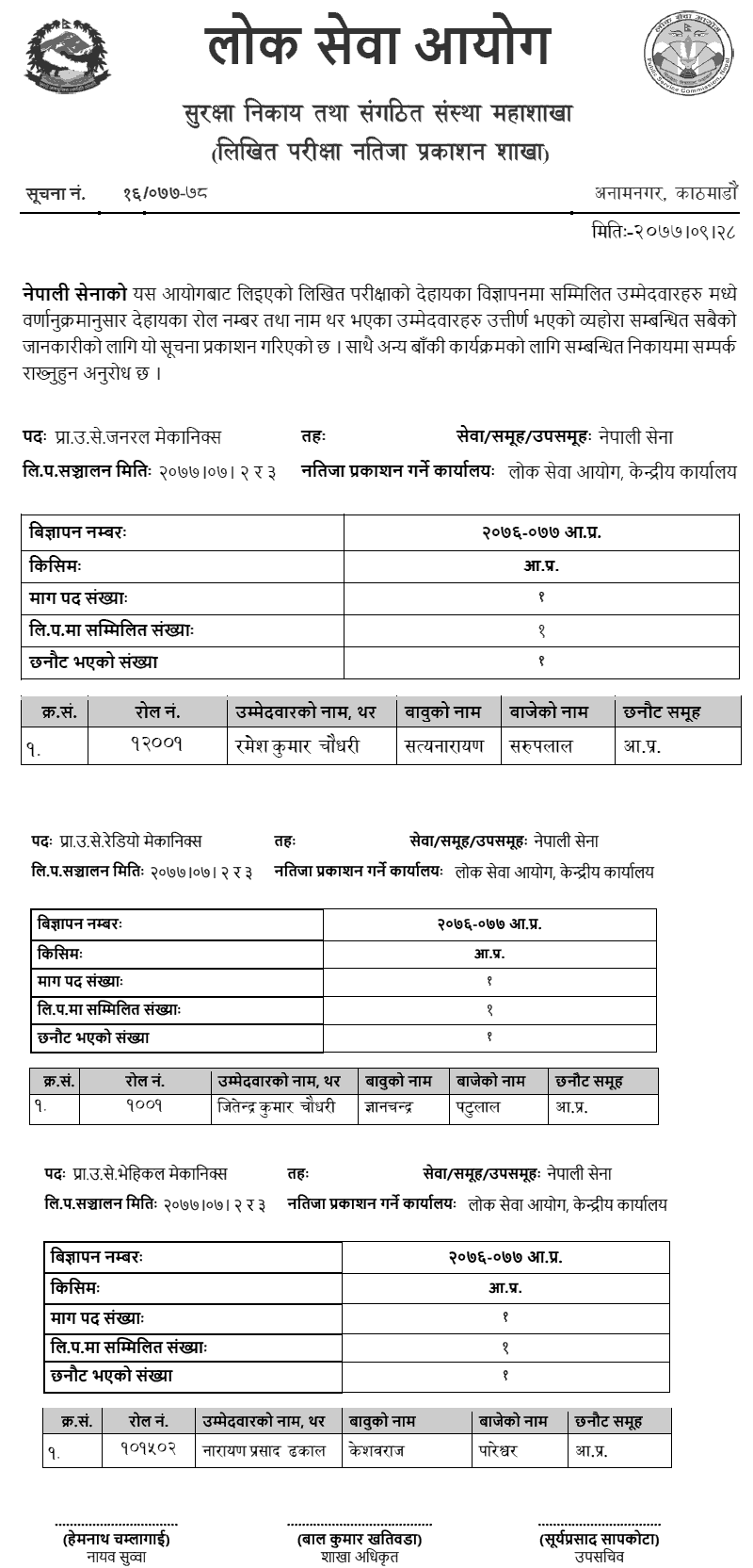 Nepal Army Prabidhik Upa Senani Written Exam Result