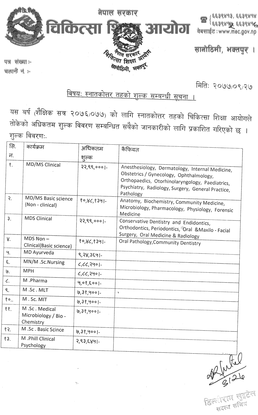 New Fee Structure of Post Graduate Level Medical Education in Nepal