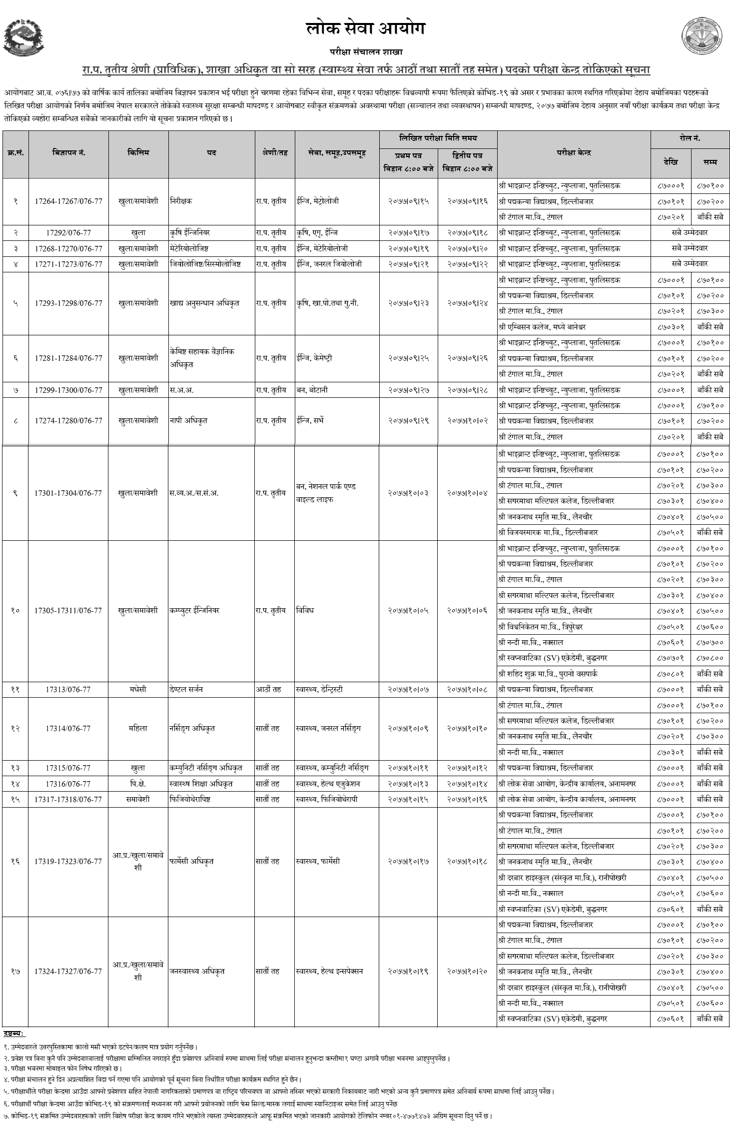 Officer Level (Technical and Health Services) Written Exam Schedule