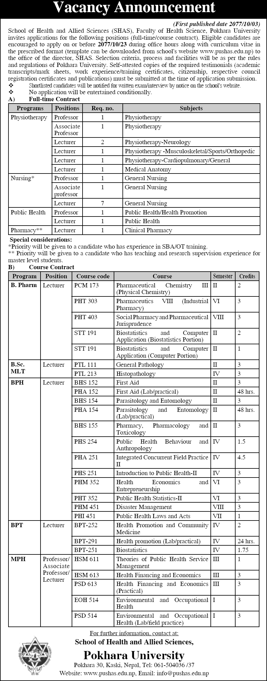 Pokhara University School of Health and Allied Sciences (SHAS) Vacancy for Professor, Associate Professor and Lecturer