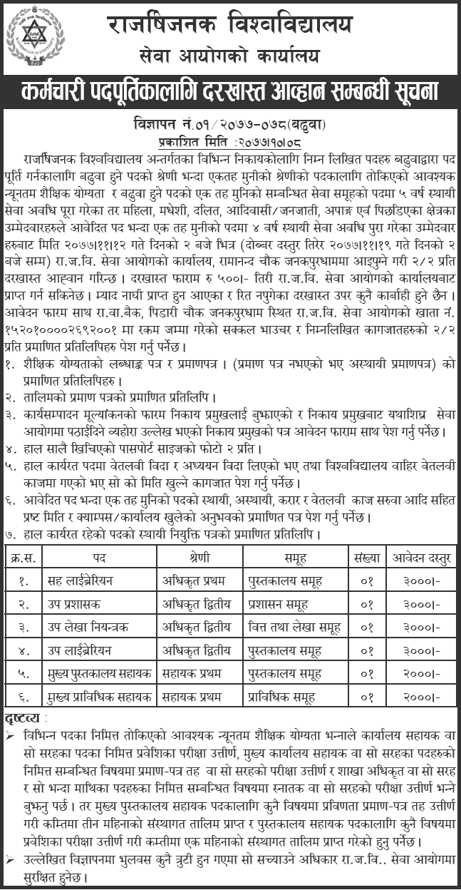 Rajarshi Janak University Service Commission Vacancy for Various Position (Promotion)