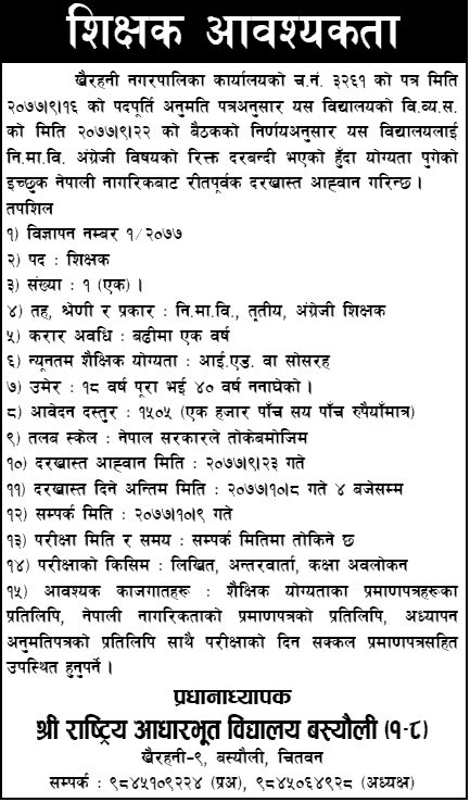 Rastriya Adharbhut School Basyauli Chitwan Lower Secondary Level Teacher Vacancy