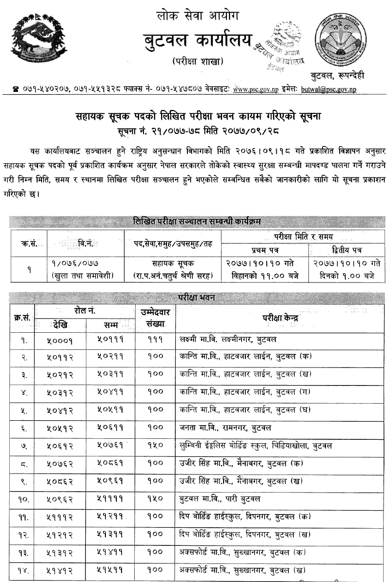 Sahayak Suchak 4th Level Written Exam Center Butwal Rastriya Anusandhan Bibhag