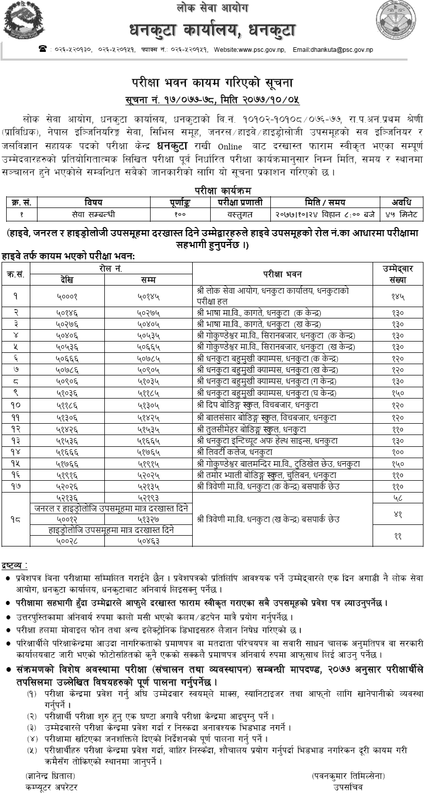 Section Officer (Technical) Written Exam Center Dhankuta - Lok Sewa Aayog