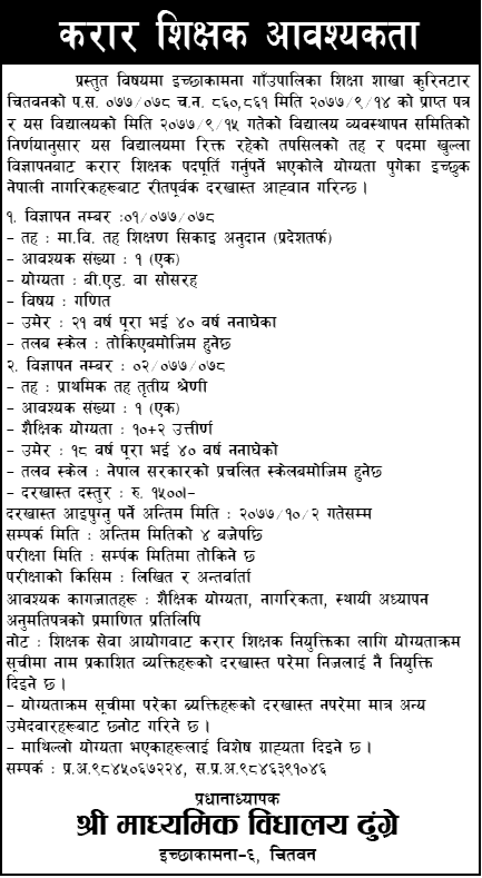Shree Secondary School Dhungre Vacancy for Secondary and Primary Level Teacher
