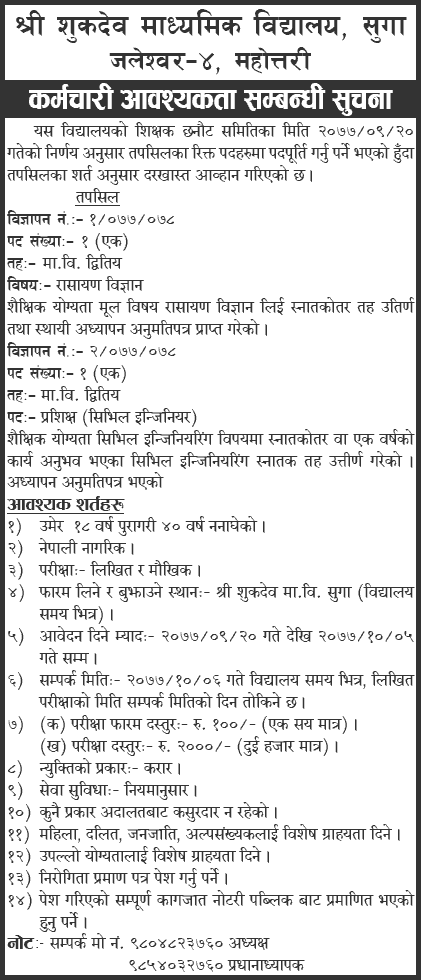 Shukdev Secondary School, Jaleshwor Vacancy for Secondary Level Teacher