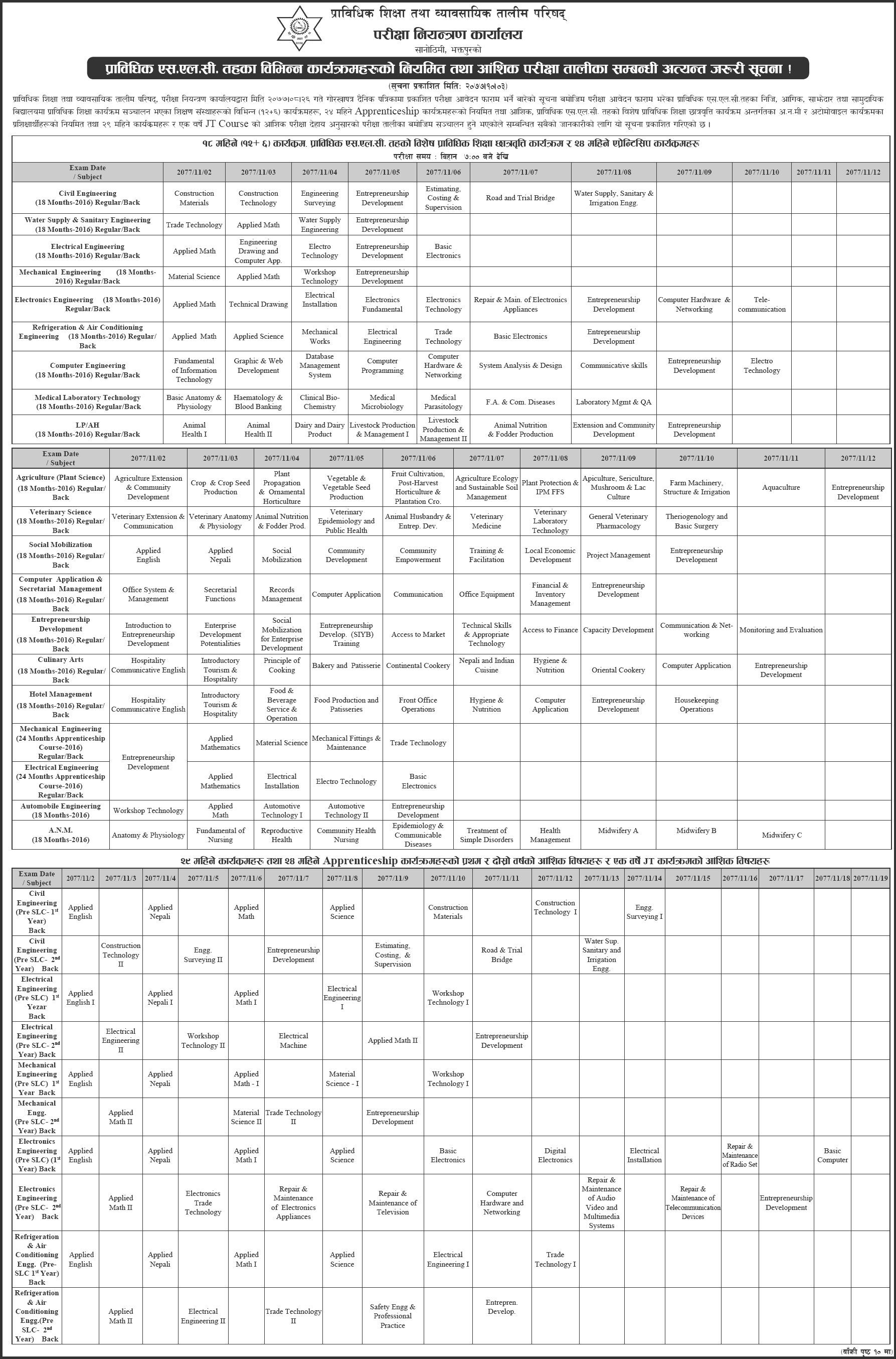 TSLC Exam Routine 2077 CTEVT