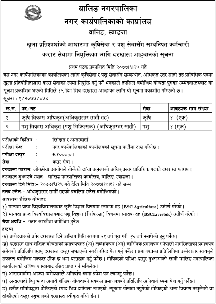 Waling Municipality Vacancy for Agriculture Development Officer and Veterinary Doctor