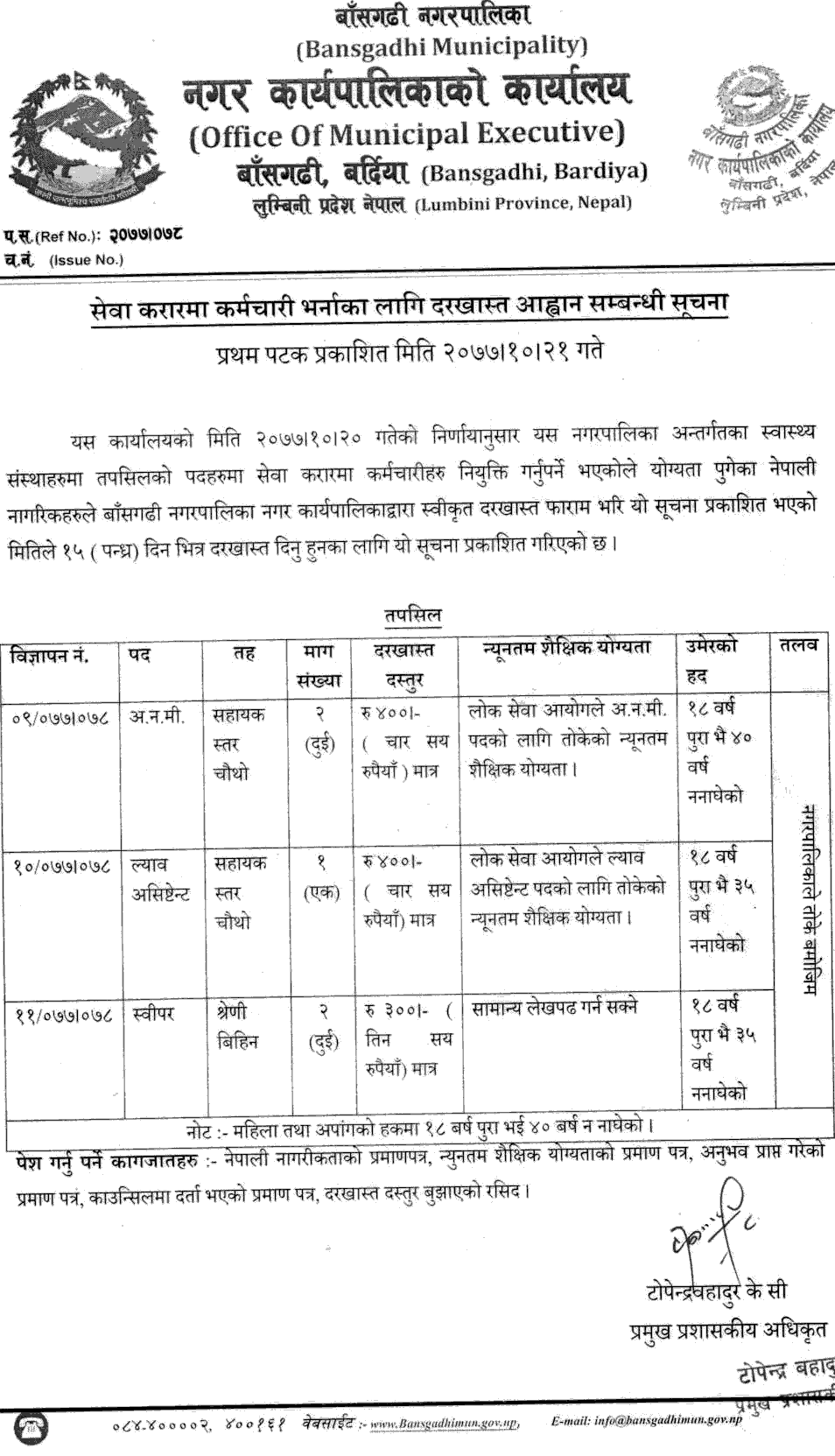 Bansgadhi Municipality (Nagarpalika) Vacancy for ANM, Lab Assistant and Sweeper