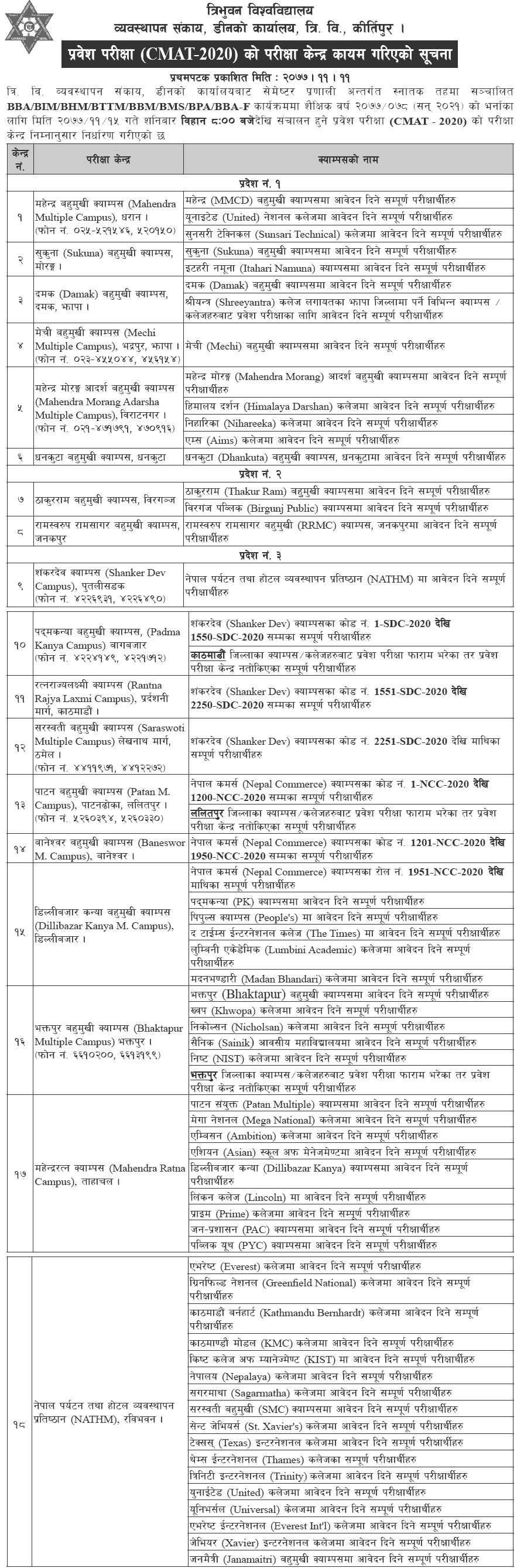 CMAT 2020 Examination Center Tribhuvan University Faculty of Management