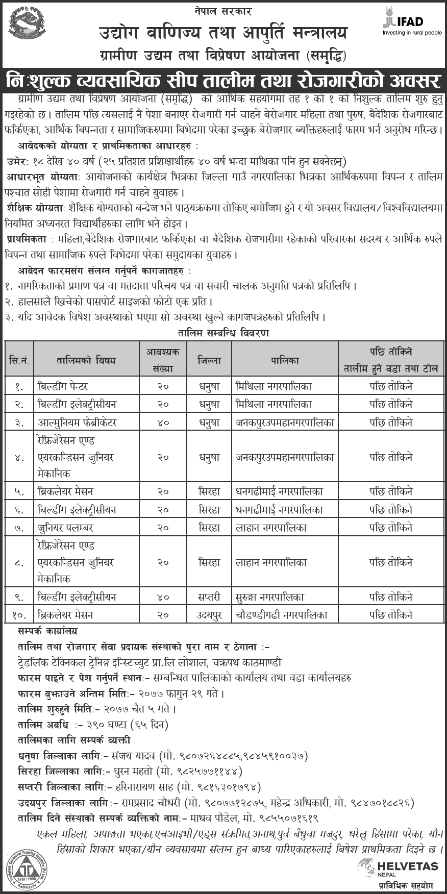 Free Skill Training and Employment Opportunity at Dhanusha, Siraha, Saptari and Udayapur