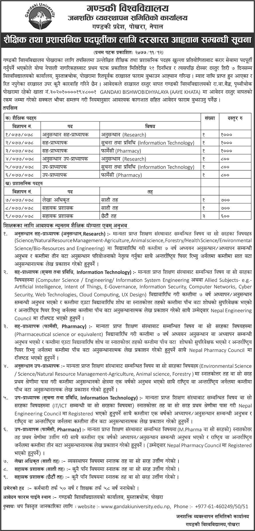 Gandaki University Vacancy for Various Positions