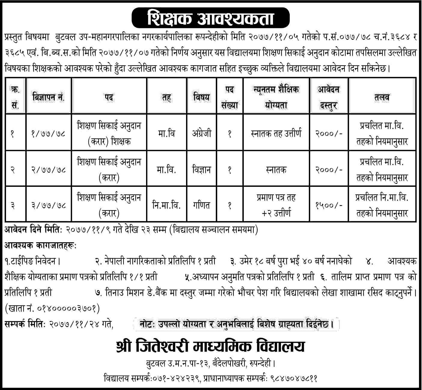 Jiteshwari Secondary School Butwal Vacancy for Secondary and Lower Secondary Teacher