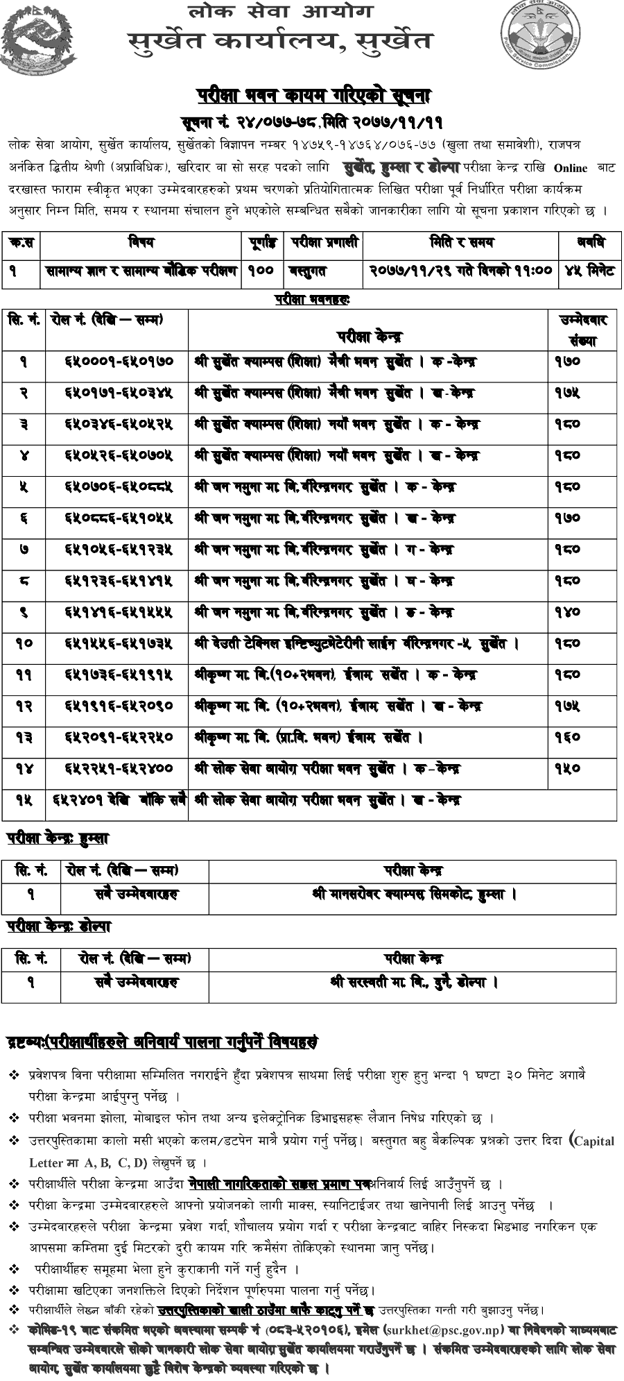 Kharidar 4th Level First Phase Exam Center Surkhet Lok Sewa Aayog