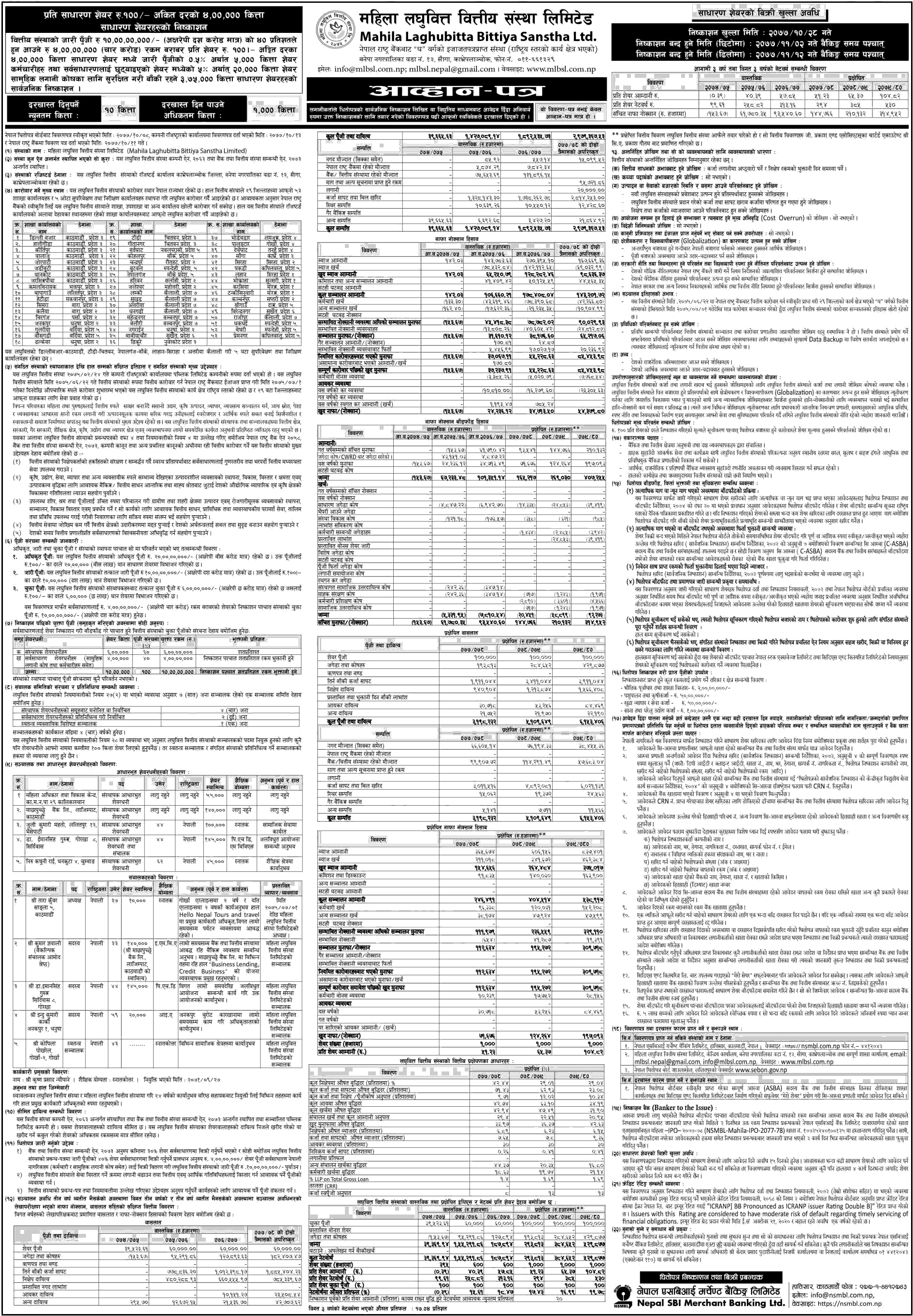 Mahila Laghubitta Bittiya Sanstha Limited IPO for Public Issues 4 Lakh Shares